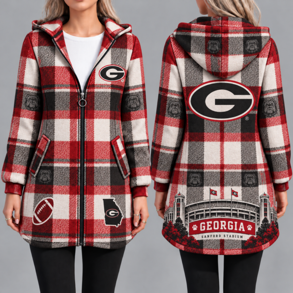 Georgia Bulldogs Vintage Plaid Hooded Coat – Women's Longline Zip-Up Football Fan Jacket
