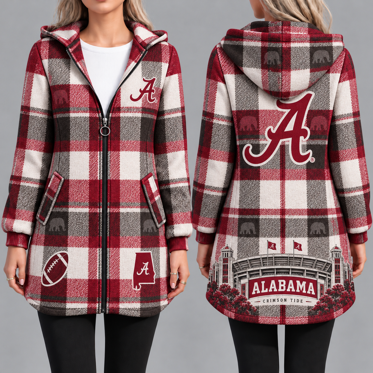 Alabama Crimson Tide Vintage Plaid Hooded Coat – Women's Longline Zip-Up Football Fan Jacket