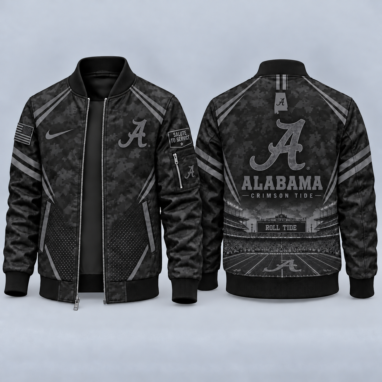 Alabama Crimson Tide Black Camo Salute to Service Bomber Jacket – Military-Inspired Football Fan Zip-Up Jacket