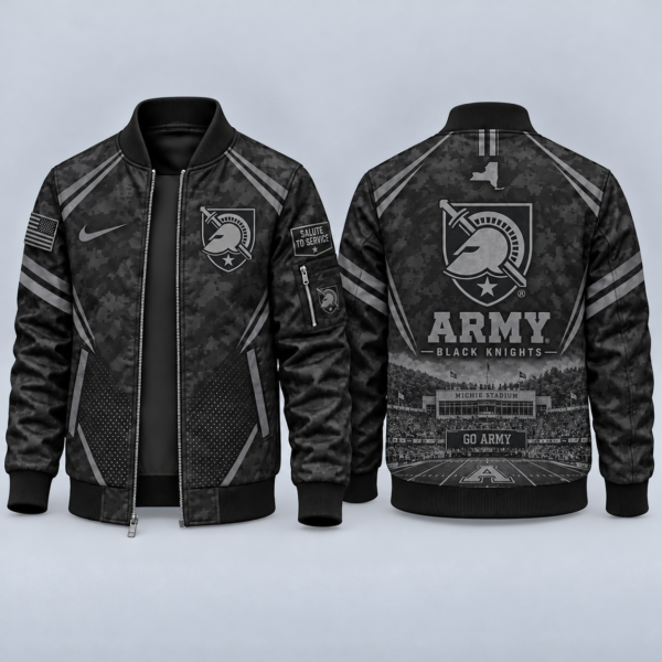 Army Black Knights Black Camo Salute to Service Bomber Jacket – Military-Inspired Football Fan Zip-Up Jacket