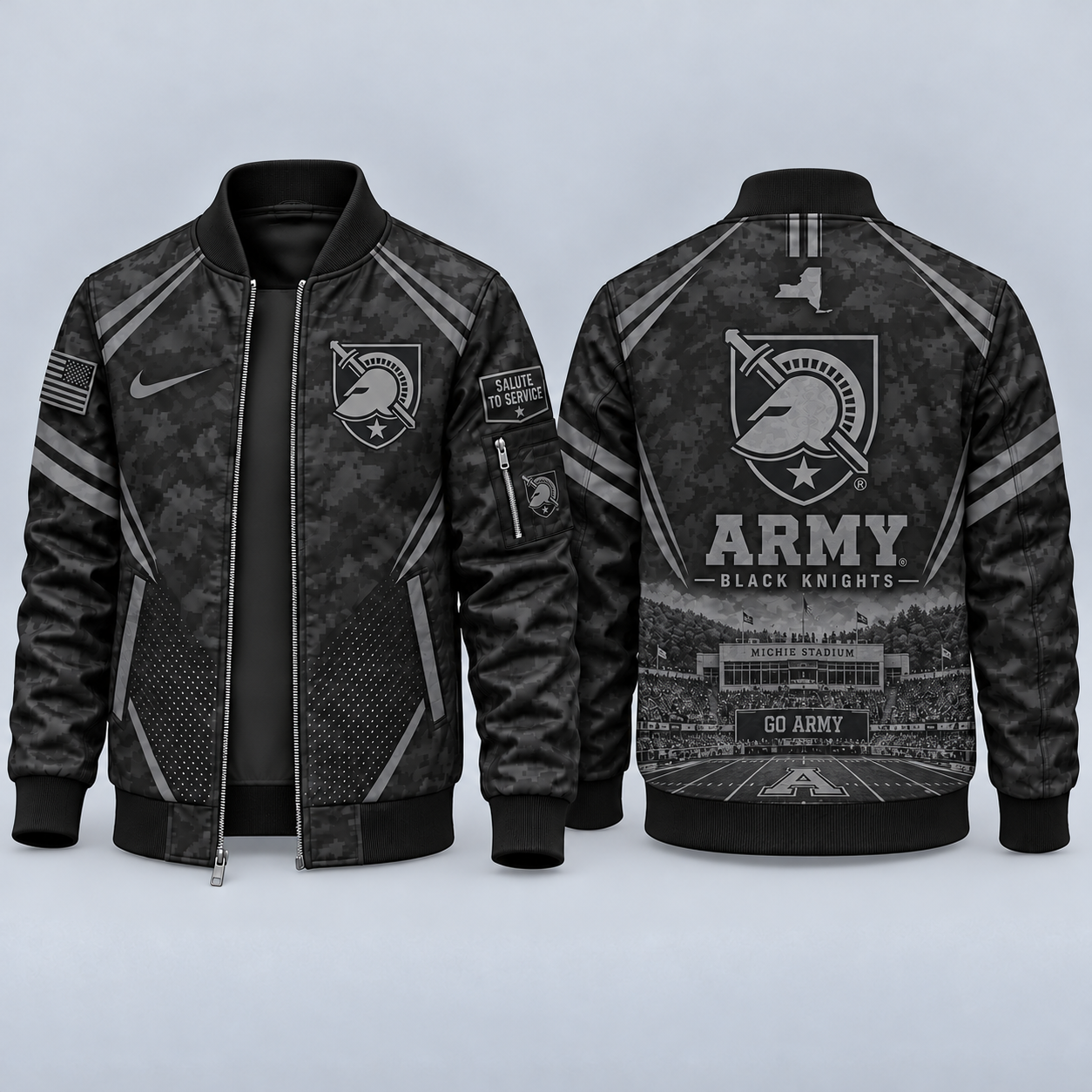 Army Black Knights Black Camo Salute to Service Bomber Jacket – Military-Inspired Football Fan Zip-Up Jacket