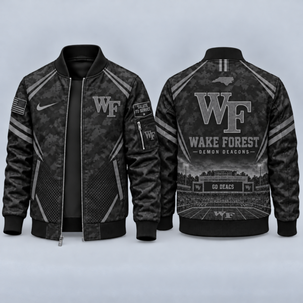 Wake Forest Demon Deacons Black Camo Salute to Service Bomber Jacket – Military-Inspired Football Fan Zip-Up Jacket