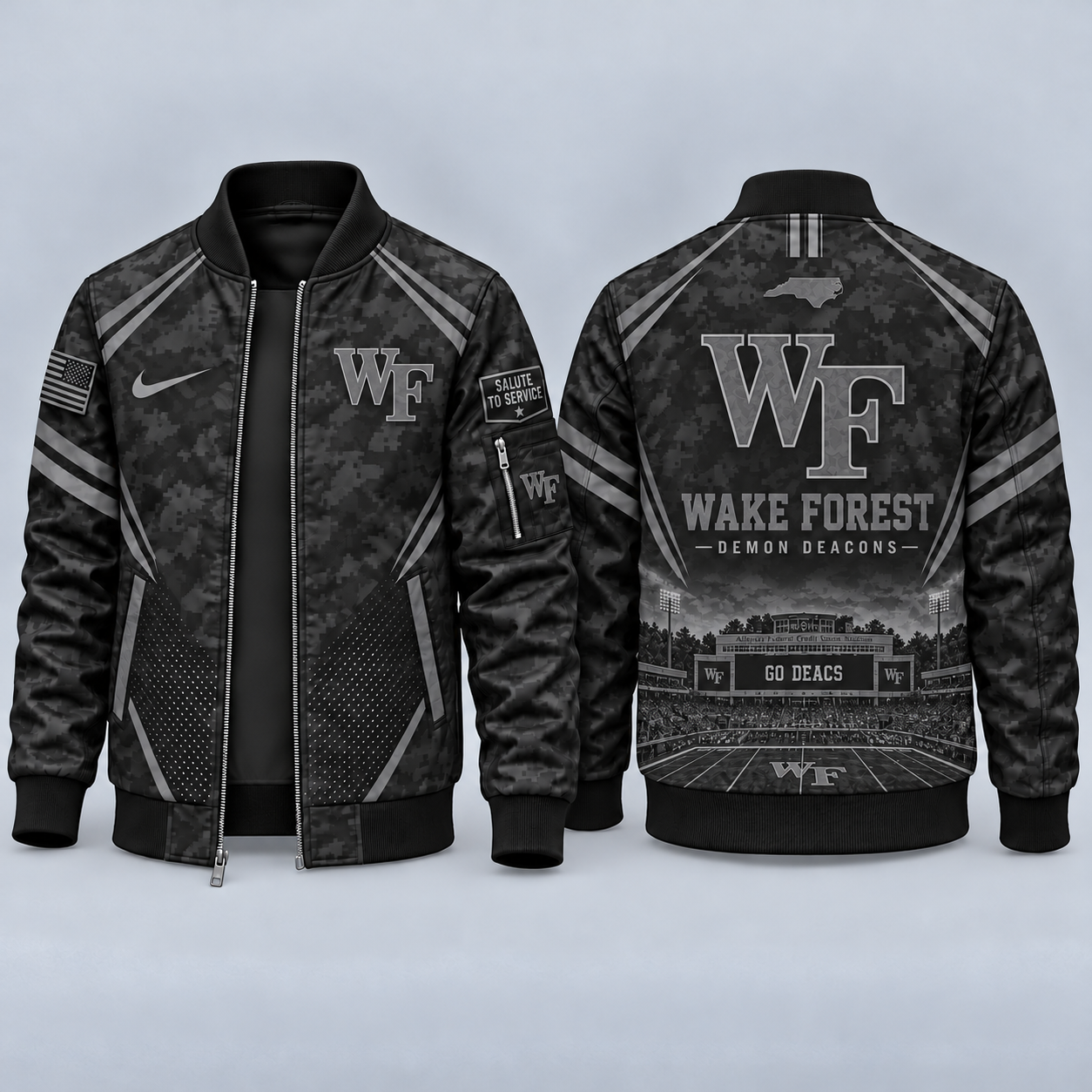 Wake Forest Demon Deacons Black Camo Salute to Service Bomber Jacket – Military-Inspired Football Fan Zip-Up Jacket