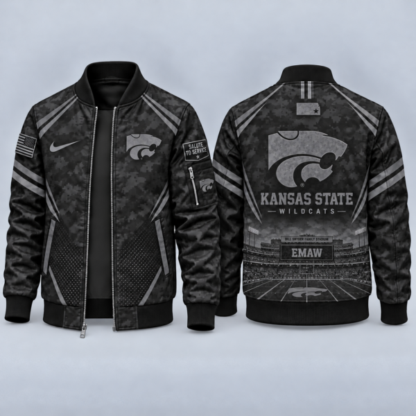 Kansas State Wildcats Black Camo Salute to Service Bomber Jacket – Military-Inspired Football Fan Zip-Up Jacket