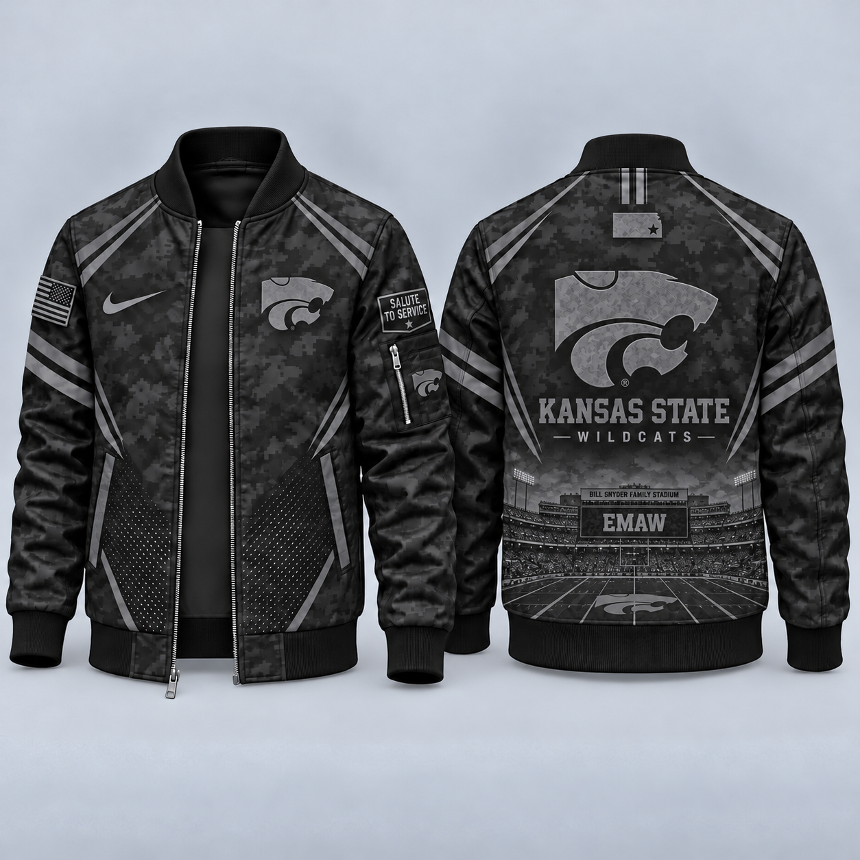 Kansas State Wildcats Black Camo Salute to Service Bomber Jacket – Military-Inspired Football Fan Zip-Up Jacket