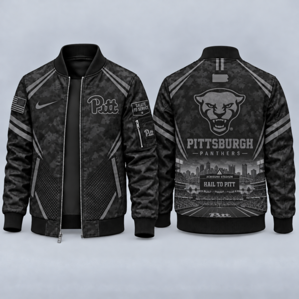 Pittsburgh Panthers Black Camo Salute to Service Bomber Jacket – Military-Inspired Football Fan Zip-Up Jacket