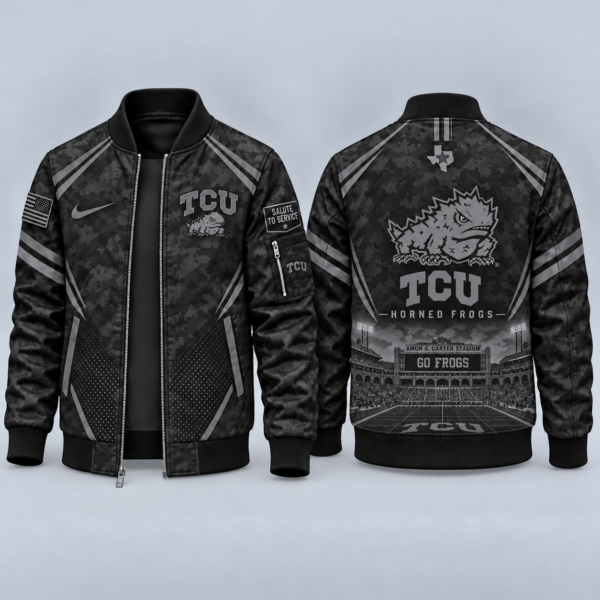 TCU Horned Frogs Black Camo Salute to Service Bomber Jacket – Military-Inspired Football Fan Zip-Up Jacket