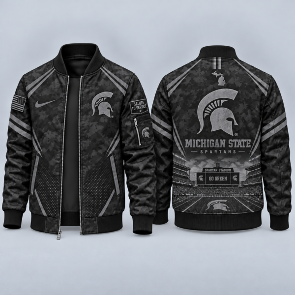Michigan State Spartans Black Camo Salute to Service Bomber Jacket – Military-Inspired Football Fan Zip-Up Jacket
