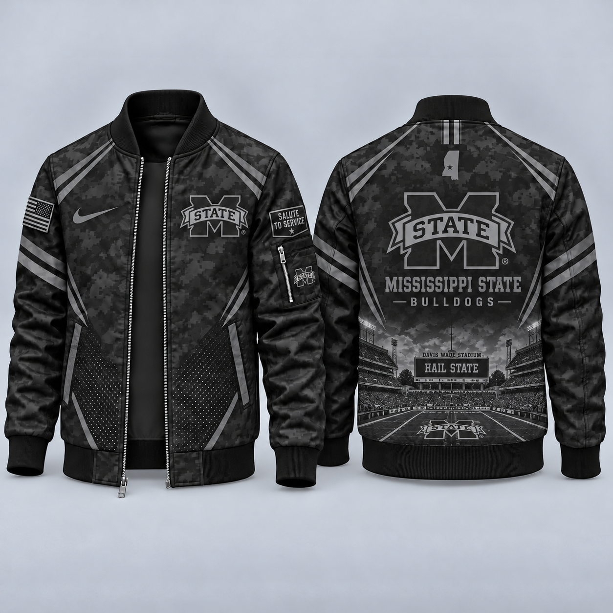 Mississippi State Bulldogs Black Camo Salute to Service Bomber Jacket – Military-Inspired Football Fan Zip-Up Jacket