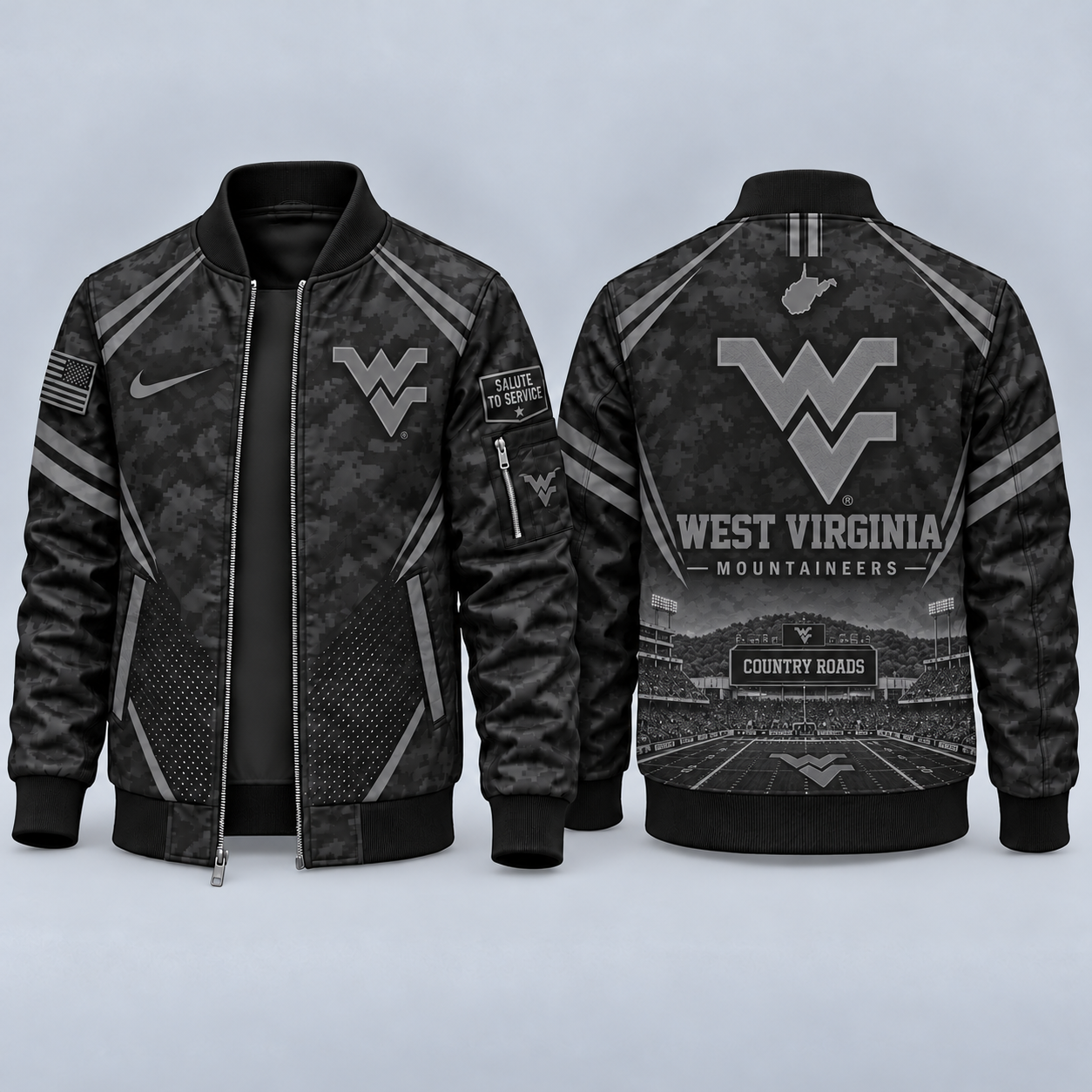 West Virginia Mountaineers Black Camo Salute to Service Bomber Jacket – Military-Inspired Football Fan Zip-Up Jacket