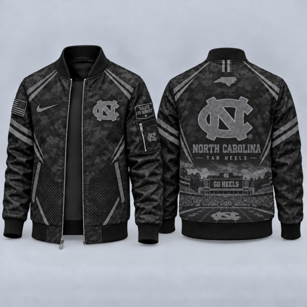 North Carolina Tar Heels Black Camo Salute to Service Bomber Jacket – Military-Inspired Football Fan Zip-Up Jacket