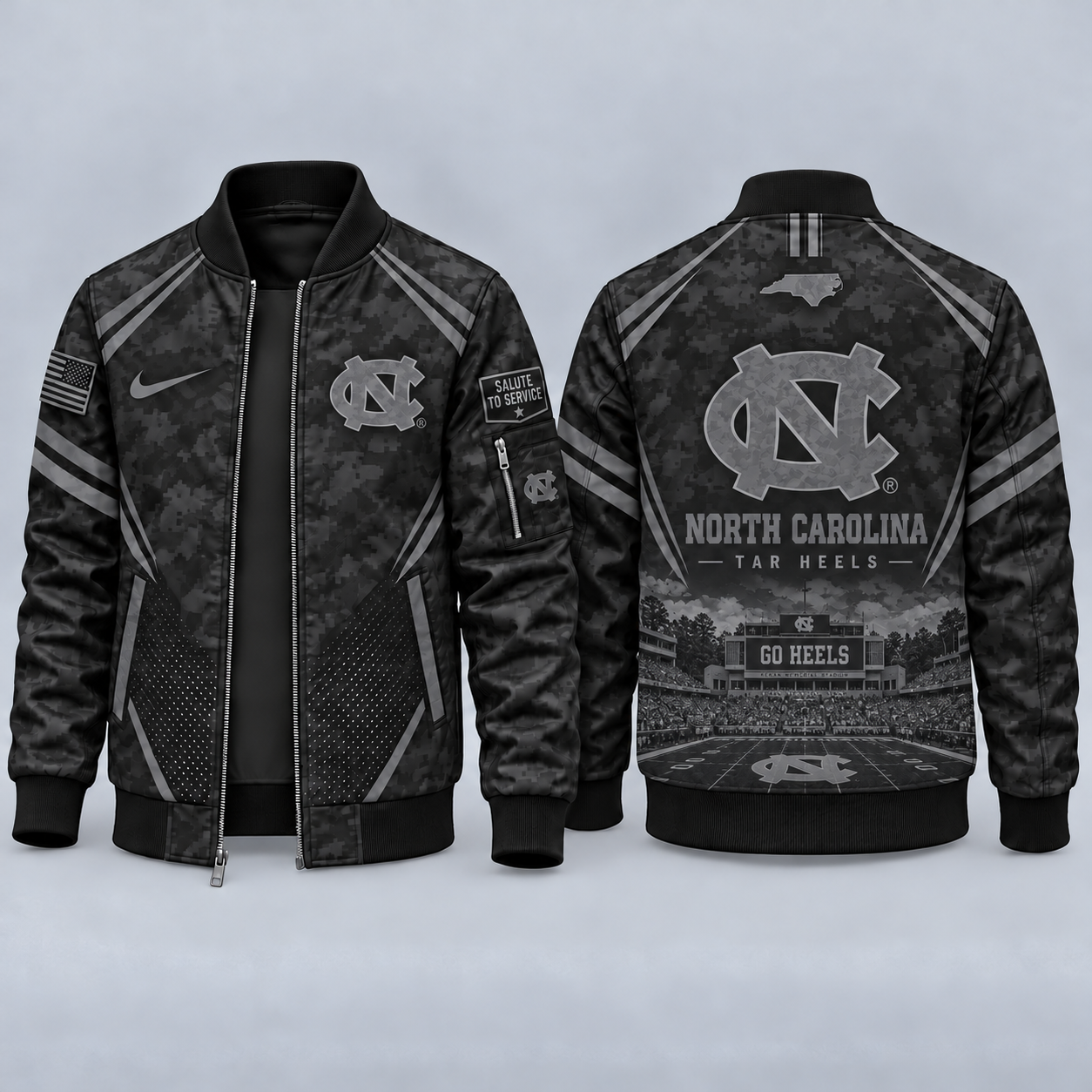 North Carolina Tar Heels Black Camo Salute to Service Bomber Jacket – Military-Inspired Football Fan Zip-Up Jacket