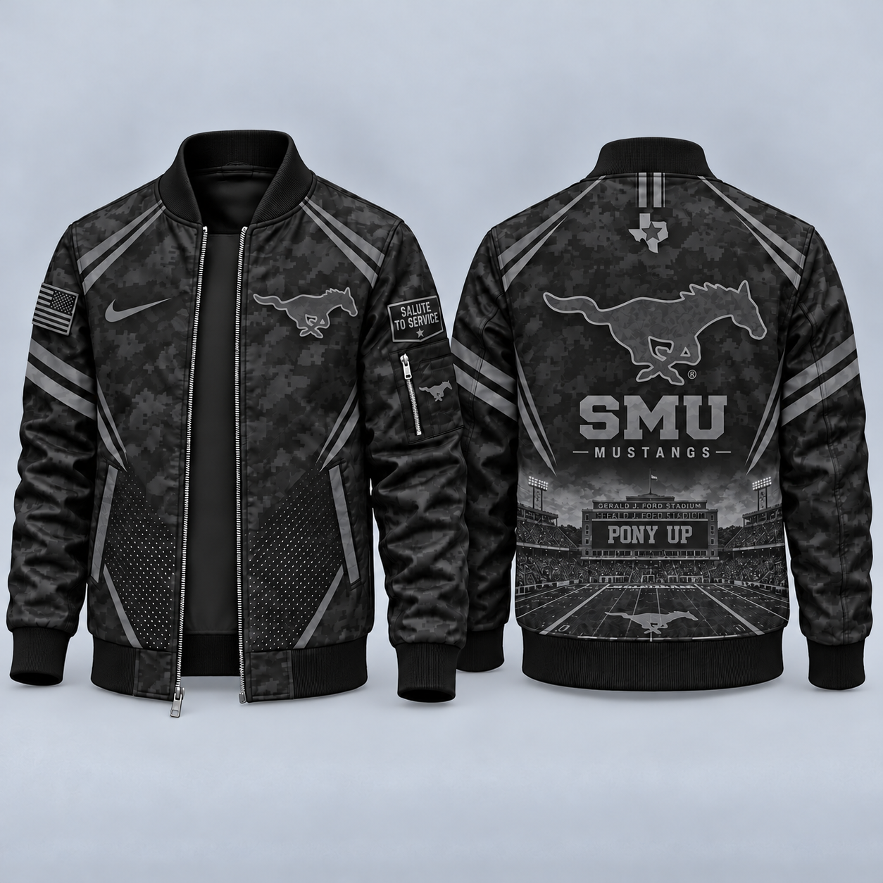 SMU Mustangs Black Camo Salute to Service Bomber Jacket – Military-Inspired Football Fan Zip-Up Jacket