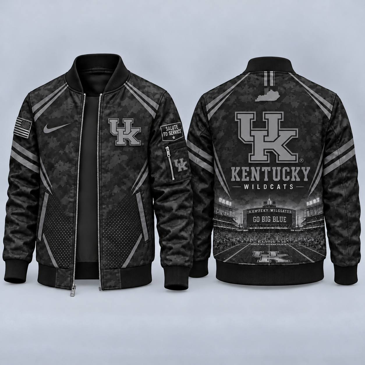 Kentucky Wildcats Black Camo Salute to Service Bomber Jacket – Military-Inspired Football Fan Zip-Up Jacket