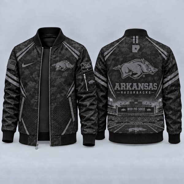 Arkansas Razorbacks Black Camo Salute to Service Bomber Jacket – Military-Inspired Football Fan Zip-Up Jacket