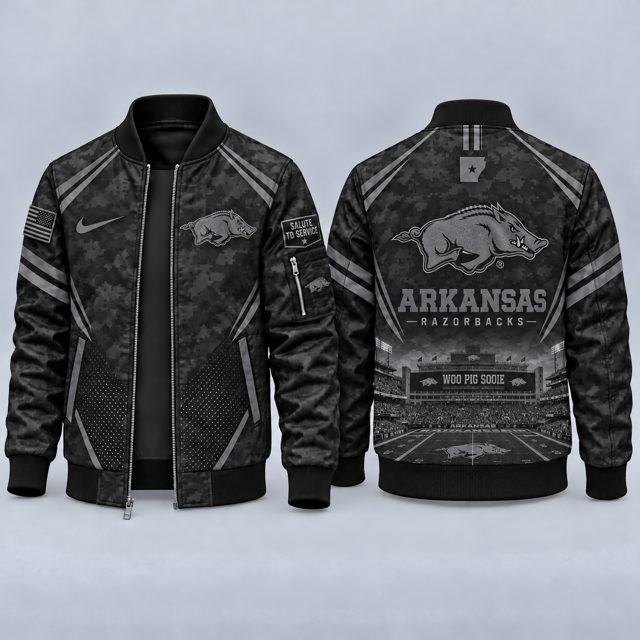 Arkansas Razorbacks Black Camo Salute to Service Bomber Jacket – Military-Inspired Football Fan Zip-Up Jacket