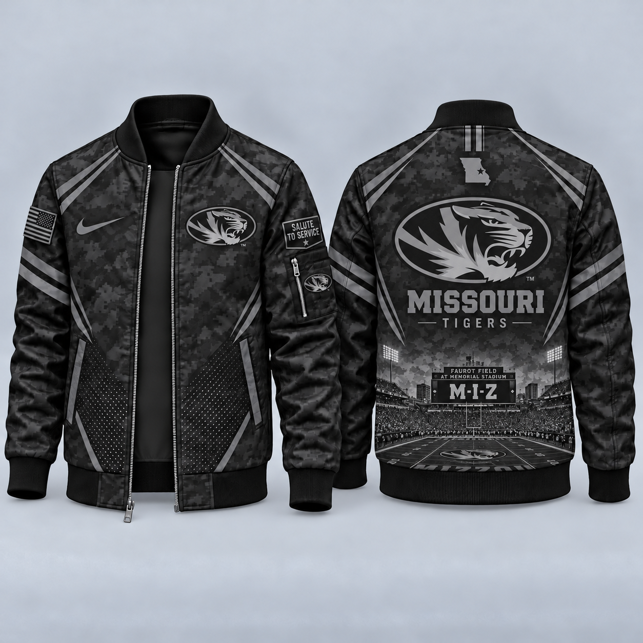 Missouri Tigers Black Camo Salute to Service Bomber Jacket – Military-Inspired Football Fan Zip-Up Jacket