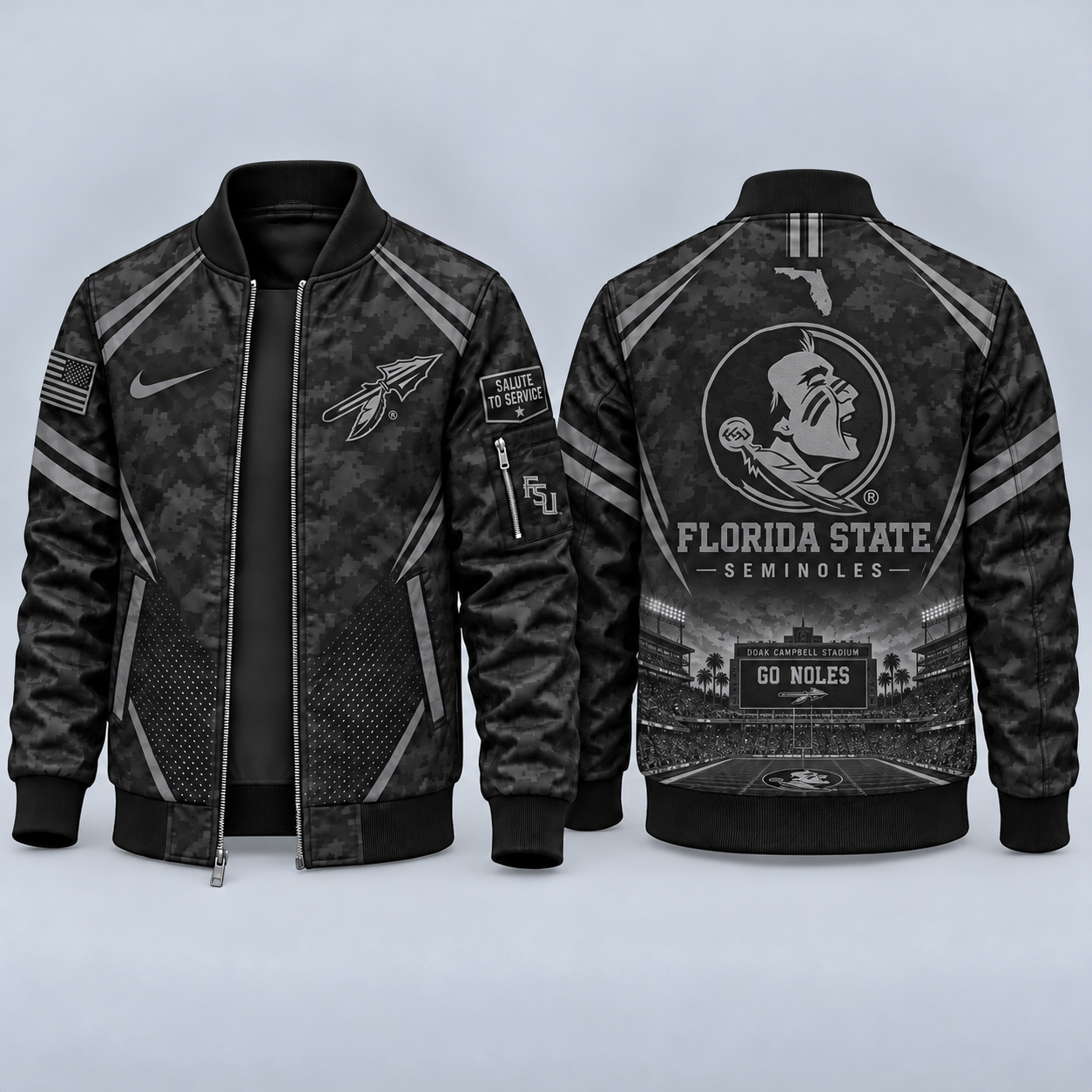 Florida State Seminoles Black Camo Salute to Service Bomber Jacket – Military-Inspired Football Fan Zip-Up Jacket