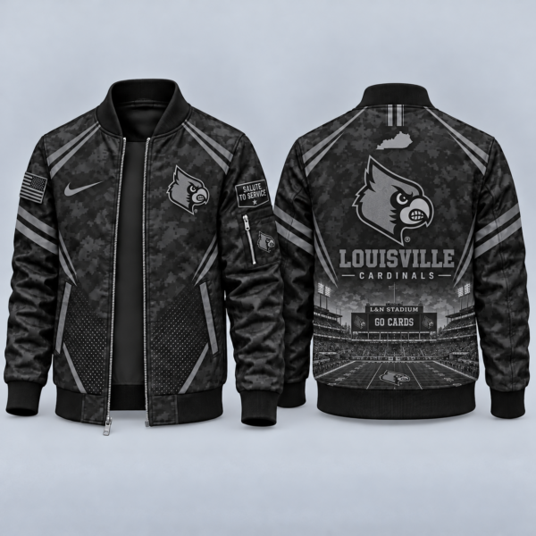 Louisville Cardinals Black Camo Salute to Service Bomber Jacket – Military-Inspired Football Fan Zip-Up Jacket