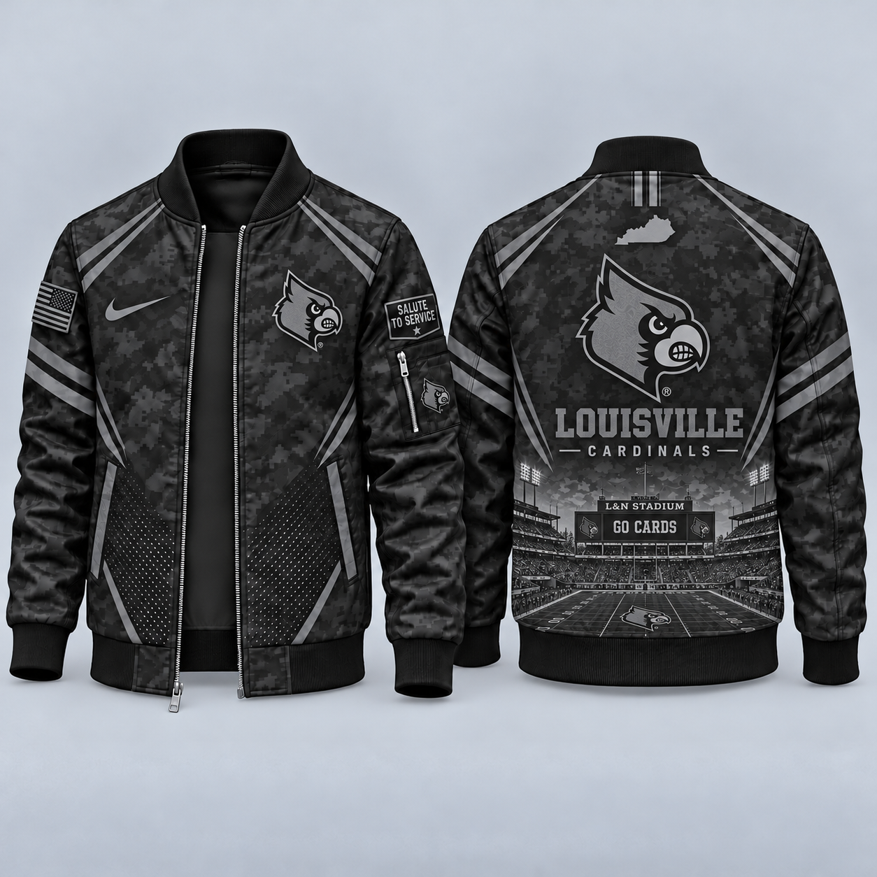 Louisville Cardinals Black Camo Salute to Service Bomber Jacket – Military-Inspired Football Fan Zip-Up Jacket