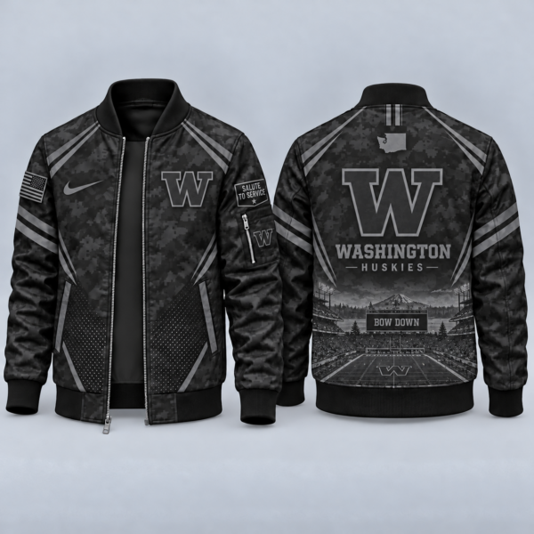 Washington Huskies Black Camo Salute to Service Bomber Jacket – Military-Inspired Football Fan Zip-Up Jacket