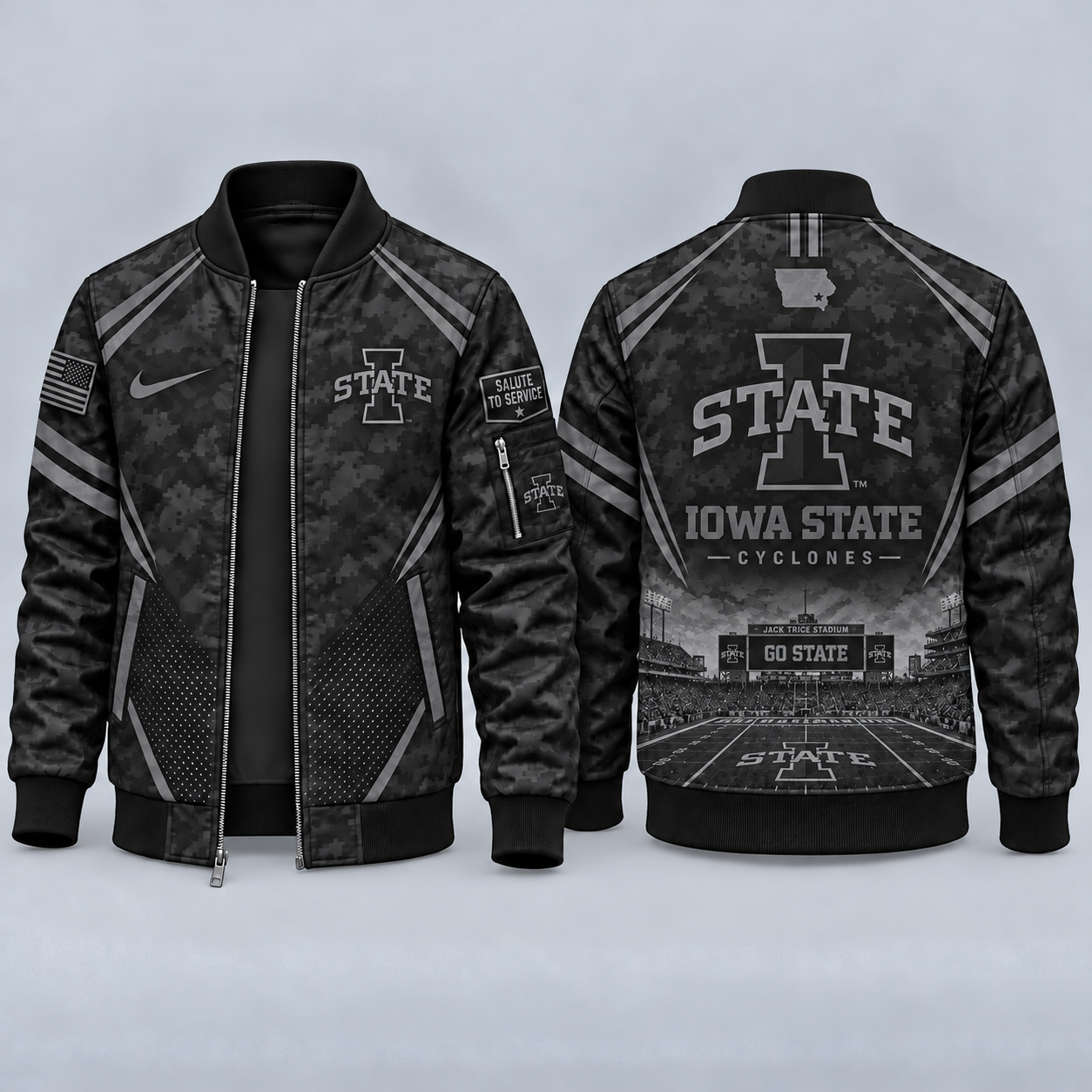 Iowa State Cyclones Black Camo Salute to Service Bomber Jacket – Military-Inspired Football Fan Zip-Up Jacket