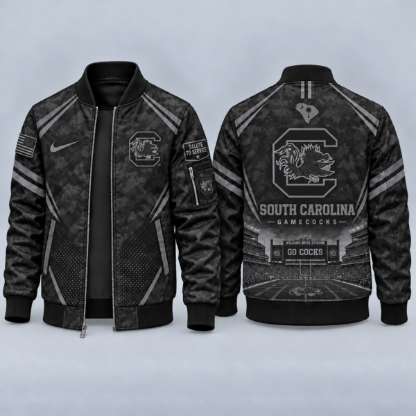 South Carolina Gamecocks Black Camo Salute to Service Bomber Jacket – Military-Inspired Football Fan Zip-Up Jacket