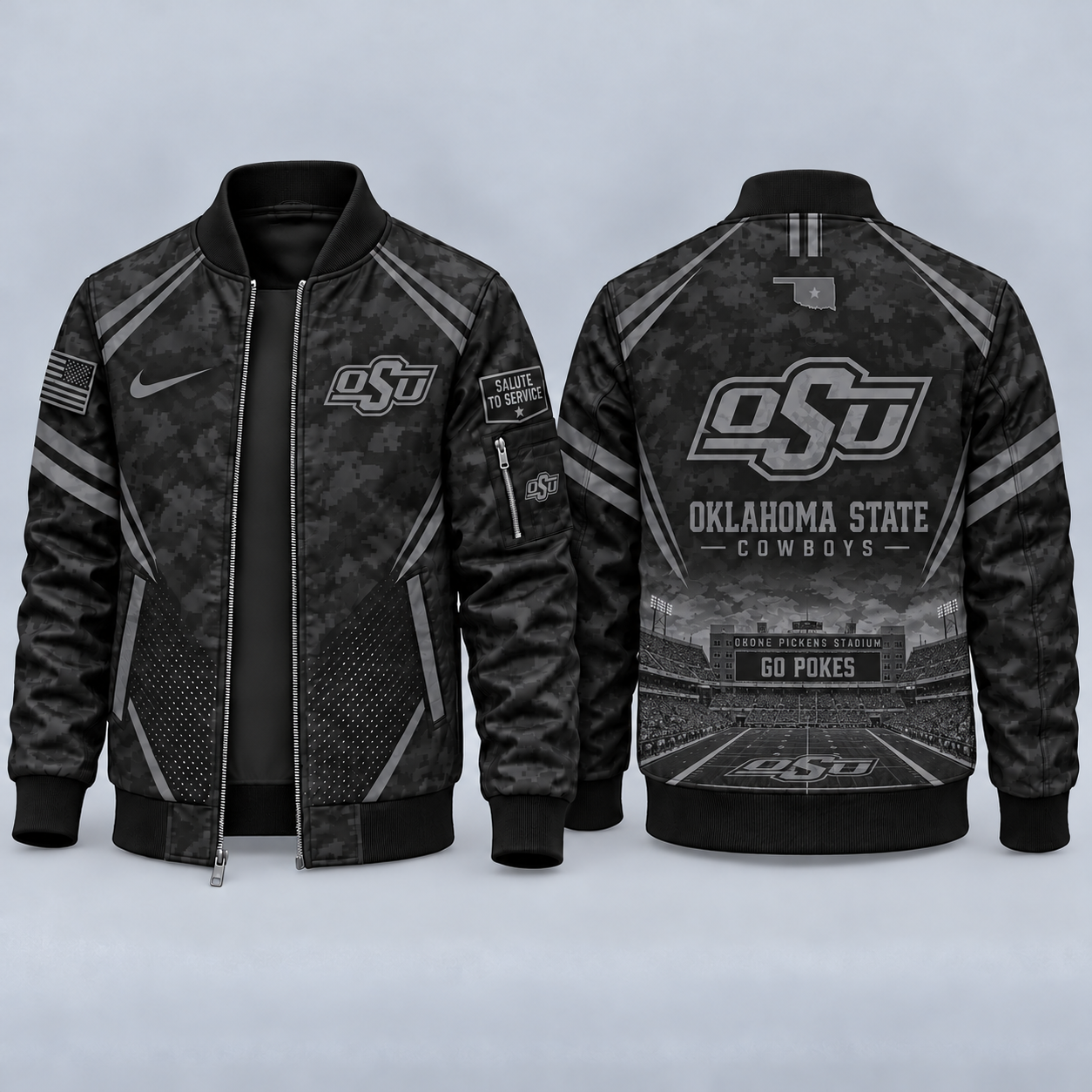 Oklahoma State Cowboys Black Camo Salute to Service Bomber Jacket – Military-Inspired Football Fan Zip-Up Jacket