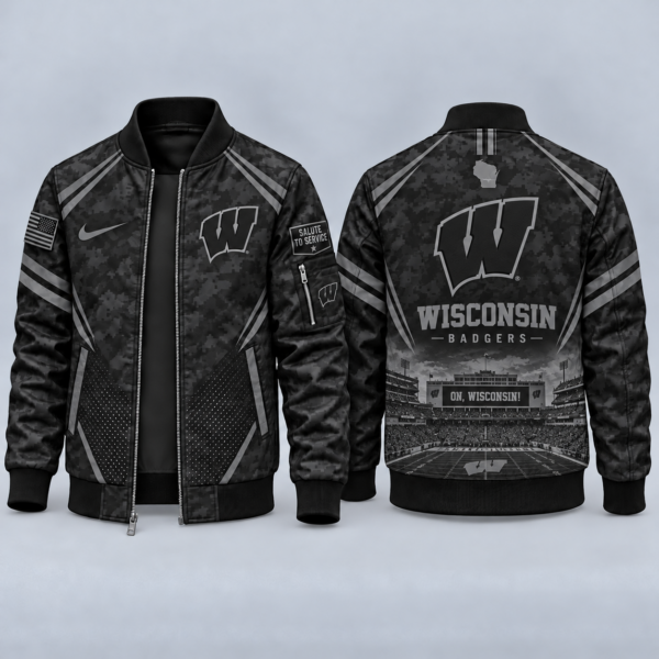 Wisconsin Badgers Black Camo Salute to Service Bomber Jacket – Military-Inspired Football Fan Zip-Up Jacket