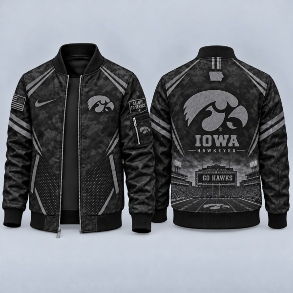 Iowa Hawkeyes Black Camo Salute to Service Bomber Jacket – Military-Inspired Football Fan Zip-Up Jacket
