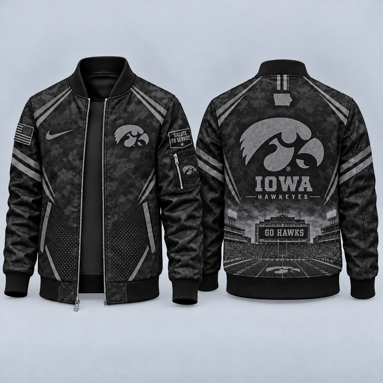Iowa Hawkeyes Black Camo Salute to Service Bomber Jacket – Military-Inspired Football Fan Zip-Up Jacket