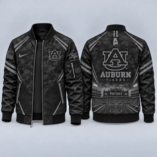 Auburn Tigers Black Camo Salute to Service Bomber Jacket – Military-Inspired Football Fan Zip-Up Jacket