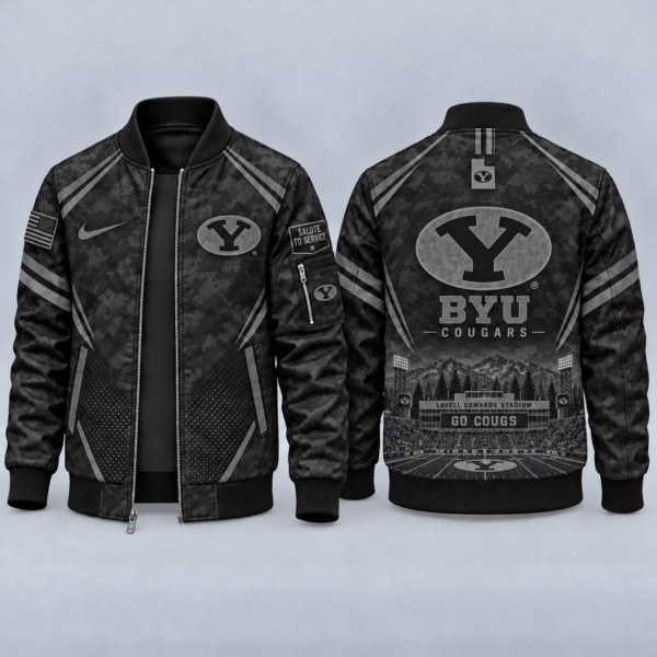 BYU Cougars Black Camo Salute to Service Bomber Jacket – Military-Inspired Football Fan Zip-Up Jacket