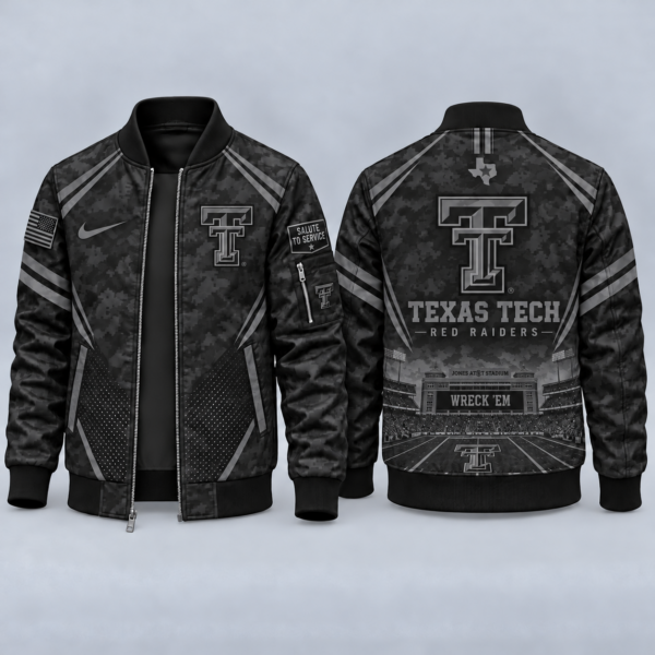 Texas Tech Red Raiders Black Camo Salute to Service Bomber Jacket – Military-Inspired Football Fan Zip-Up Jacket