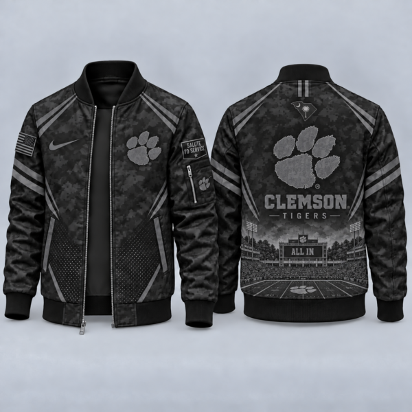 Clemson Tigers Black Camo Salute to Service Bomber Jacket – Military-Inspired Football Fan Zip-Up Jacket
