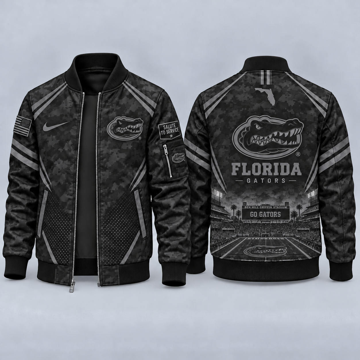 Florida Gators Black Camo Salute to Service Bomber Jacket – Military-Inspired Football Fan Zip-Up Jacket