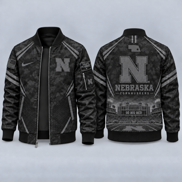 Nebraska Cornhuskers Black Camo Salute to Service Bomber Jacket – Military-Inspired Football Fan Zip-Up Jacket