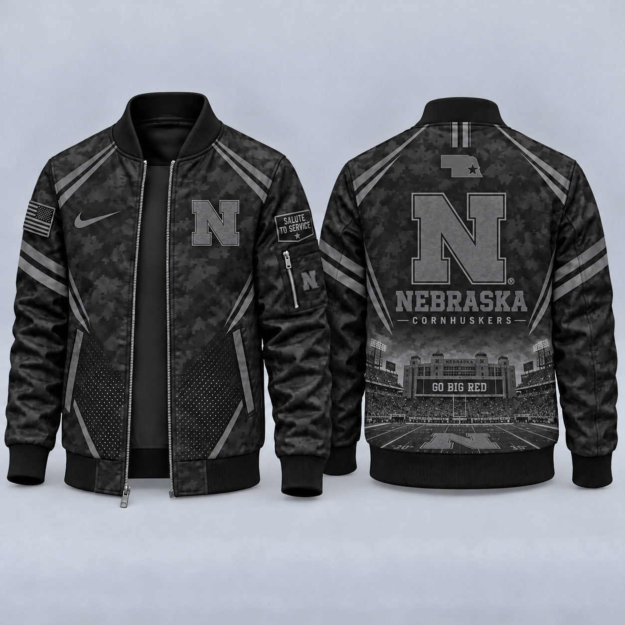 Nebraska Cornhuskers Black Camo Salute to Service Bomber Jacket – Military-Inspired Football Fan Zip-Up Jacket