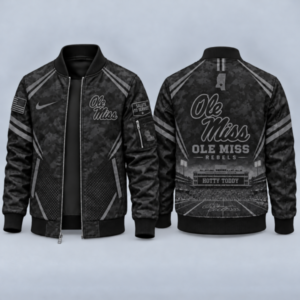 Ole Miss Rebels Black Camo Salute to Service Bomber Jacket – Military-Inspired Football Fan Zip-Up Jacket