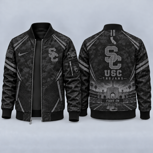 USC Trojans Black Camo Salute to Service Bomber Jacket – Military-Inspired Football Fan Zip-Up Jacket