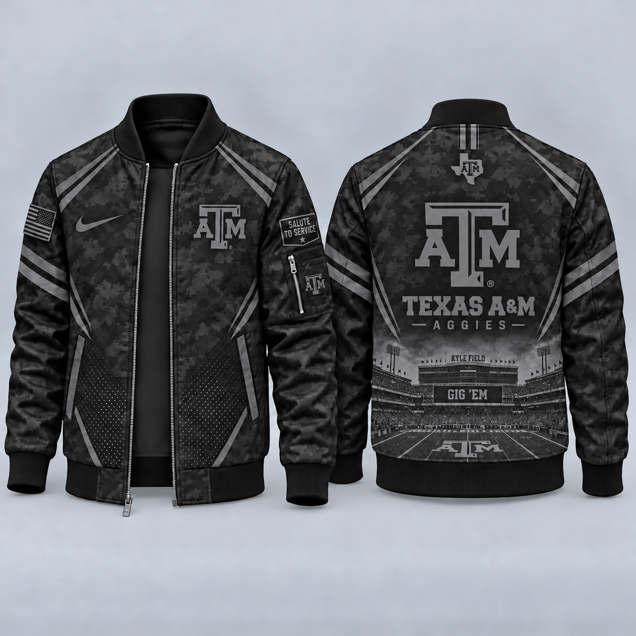 Texas A&M Aggies Black Camo Salute to Service Bomber Jacket – Military-Inspired Football Fan Zip-Up Jacket