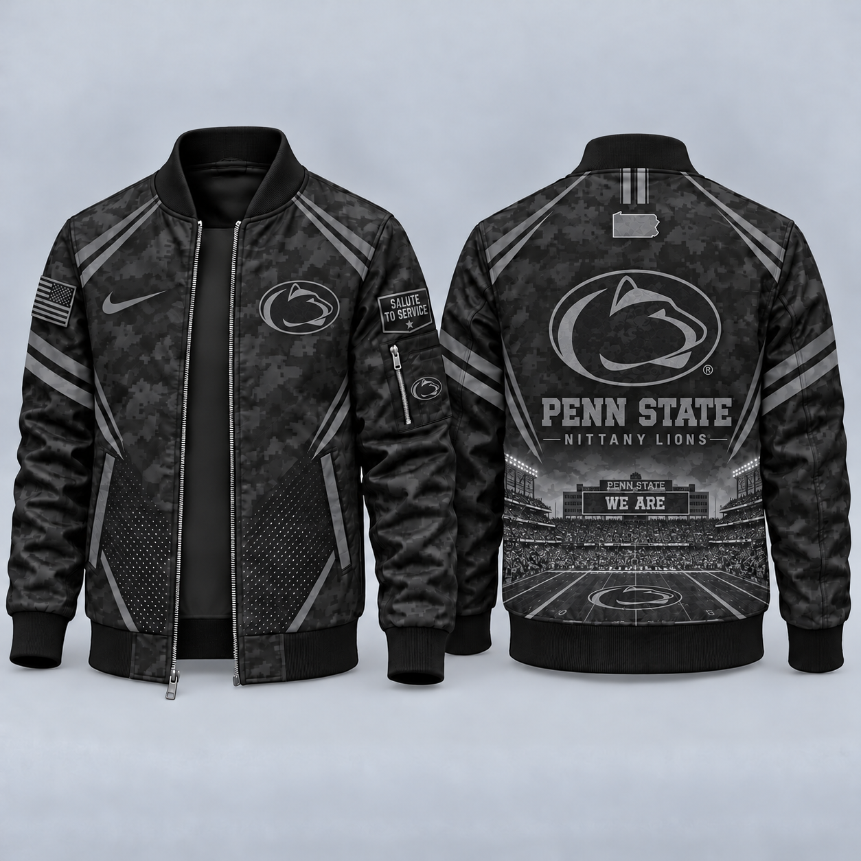Penn State Nittany Lions Black Camo Salute to Service Bomber Jacket – Military-Inspired Football Fan Zip-Up Jacket