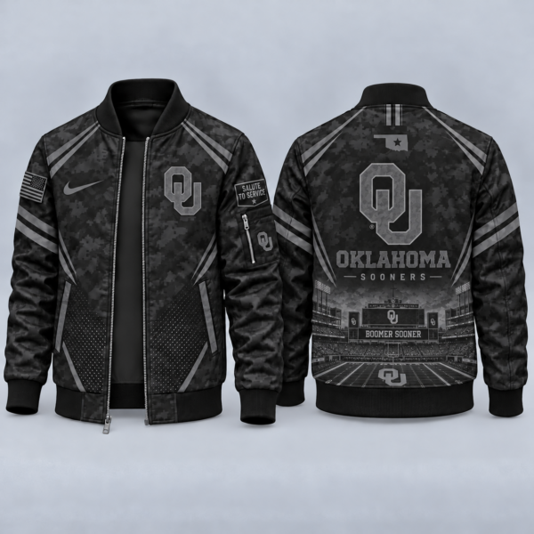 Oklahoma Sooners Black Camo Salute to Service Bomber Jacket – Military-Inspired Football Fan Zip-Up Jacket