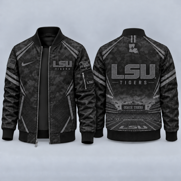 LSU Tigers Black Camo Salute to Service Bomber Jacket – Military-Inspired Football Fan Zip-Up Jacket