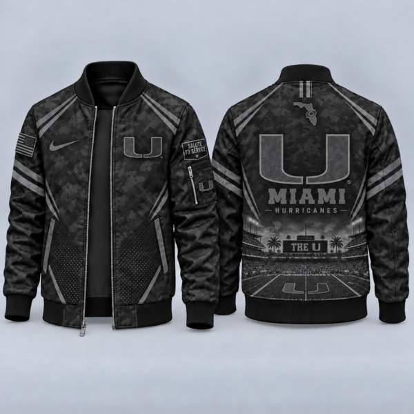 Miami Hurricanes Black Camo Salute to Service Bomber Jacket – Military-Inspired Football Fan Zip-Up Jacket