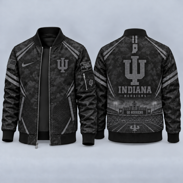 Indiana Hoosiers Black Camo Salute to Service Bomber Jacket – Military-Inspired Football Fan Zip-Up Jacket