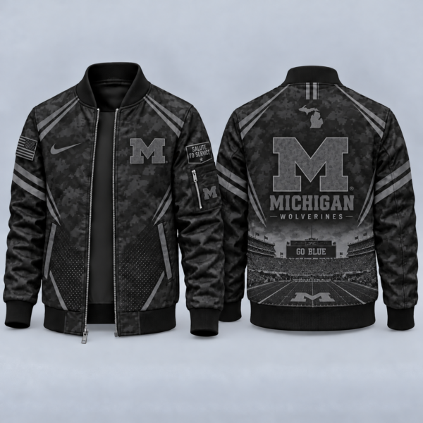 Michigan Wolverines Black Camo Salute to Service Bomber Jacket – Military-Inspired Football Fan Zip-Up Jacket