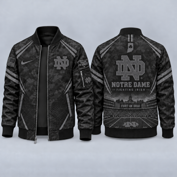 Notre Dame Fighting Irish Black Camo Salute to Service Bomber Jacket – Military-Inspired Football Fan Zip-Up Jacket