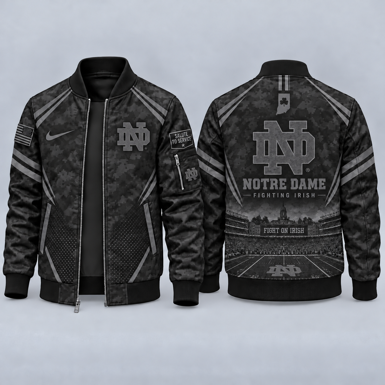 Notre Dame Fighting Irish Black Camo Salute to Service Bomber Jacket – Military-Inspired Football Fan Zip-Up Jacket