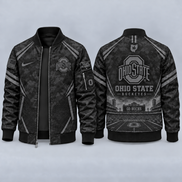 Ohio State Buckeyes Black Camo Salute to Service Bomber Jacket – Military-Inspired Football Fan Zip-Up Jacket